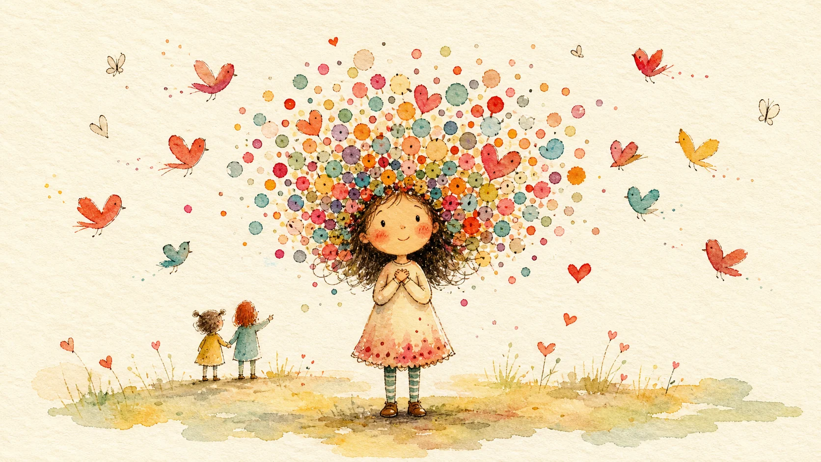 Watercolor illustration of Charlotte with a cloud of colorful dots and heart-shaped birds
